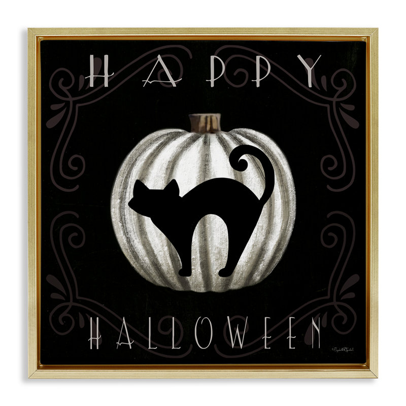 Cadre flottant Happy Halloween Cat & Pumpkin, design par Elizabeth Tyndall, H 18 po x l 18 po, Cadre flottant métallique doré