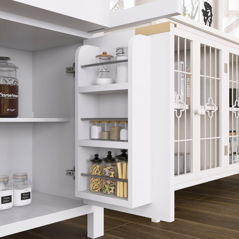 Grand garde-manger arqué cannelé avec tablettes réglables, rangement élégant avec tiroir caché et porte vitrée pour la cuisine et les espaces de vie