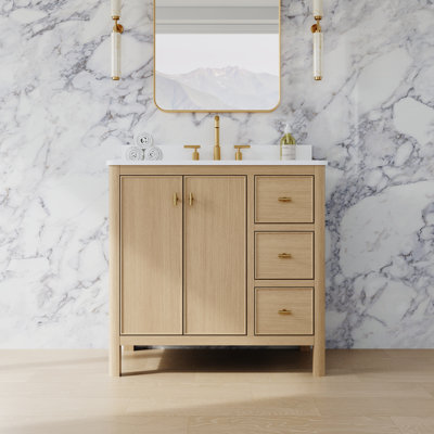 Meuble-lavabo autoportant en bois massif de chêne clair l 36 po x H 35 po avec comptoir en quartz et lavabo simple encastré en céramique
