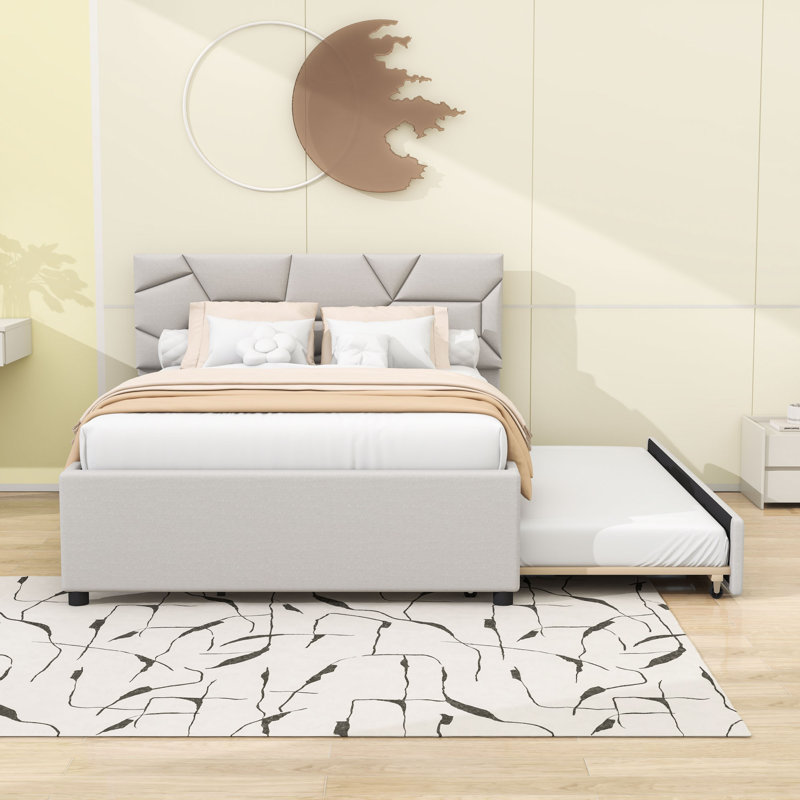 Lit plateforme double avec lit gigogne et tête de lit double, Beige