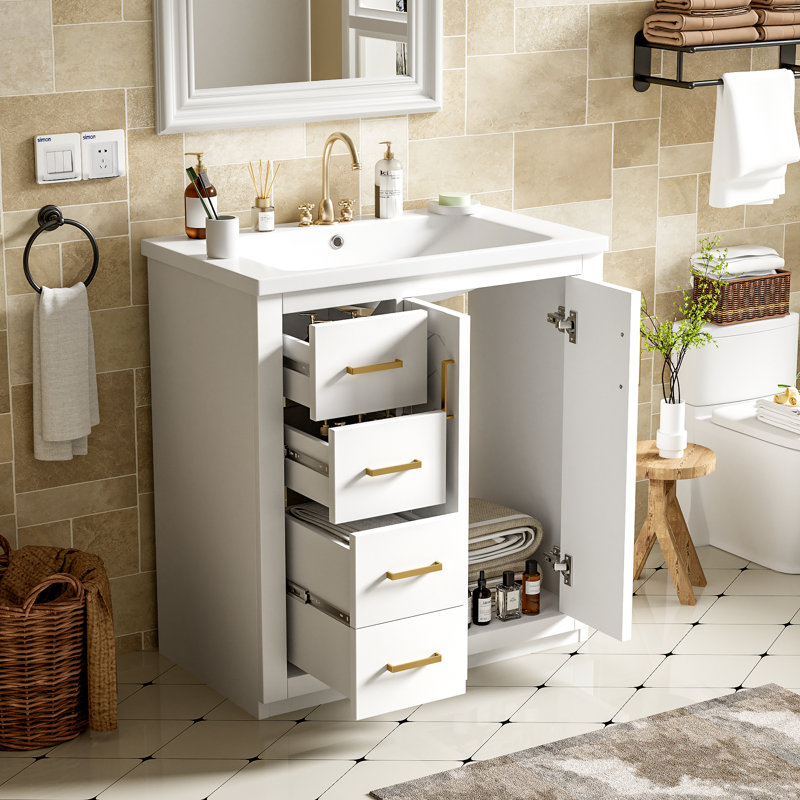 Meuble-lavabo pour salle de bain, Blanc, Doré