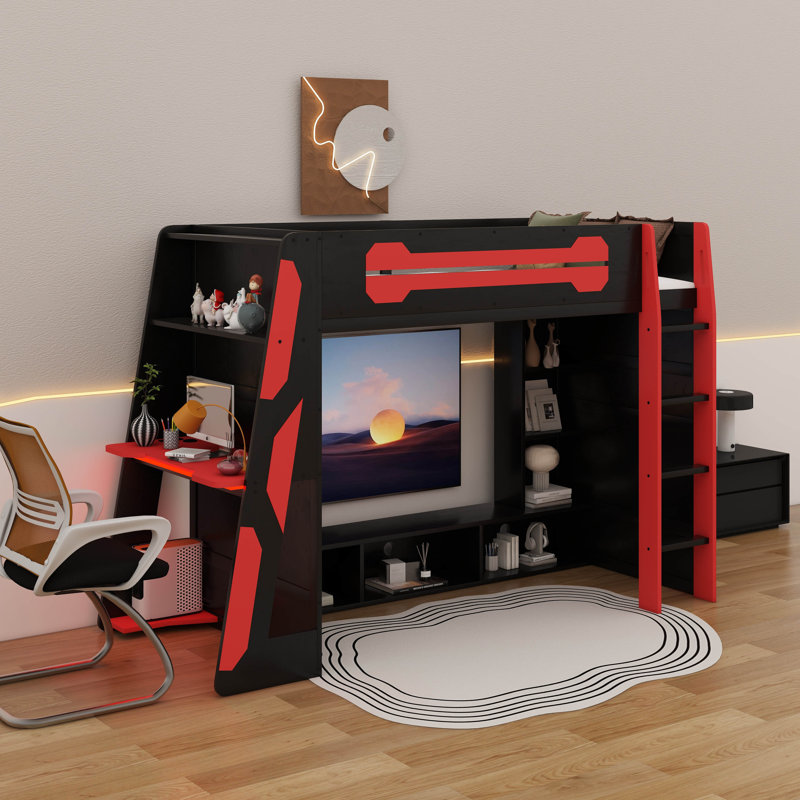 Lit mezzanine simple en bois avec bureau et lumière RVB, Rouge
