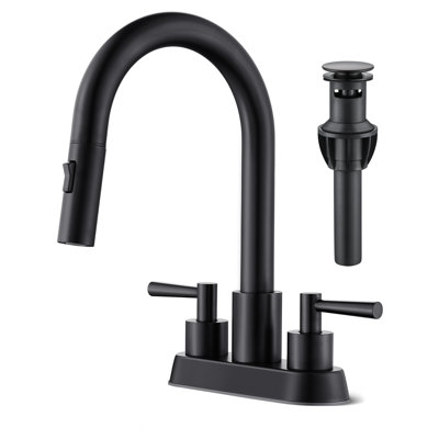 4 In. Centerset Double Handle High Arc Bathroom Sink Faucet With Pull Out Sprayer And Pop Up Drain