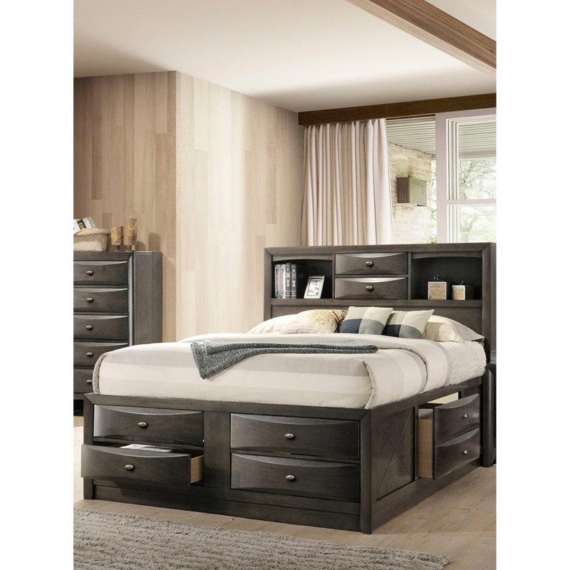 Lit très grand contemporain gris, style oriental, avec tiroirs et bibliothèque de tête de lit, cadre de lit en bois pour la taille de la chambre à coucher, utilisation