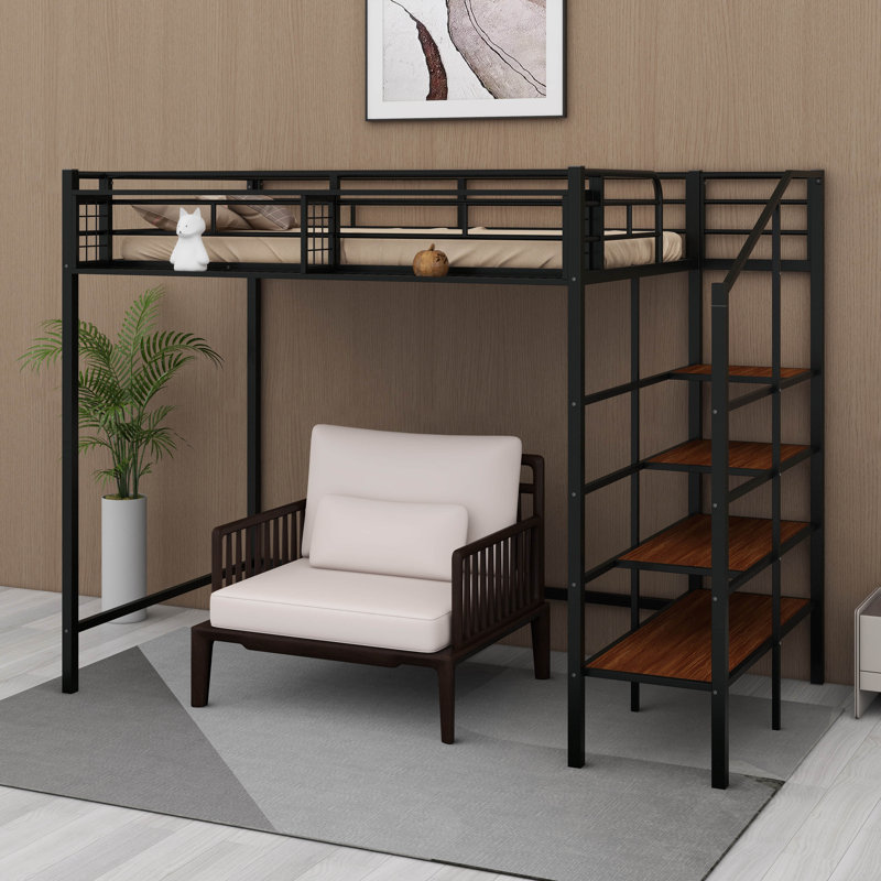 Designs Twin Metal Loft Bed With Storage Ladder, Black