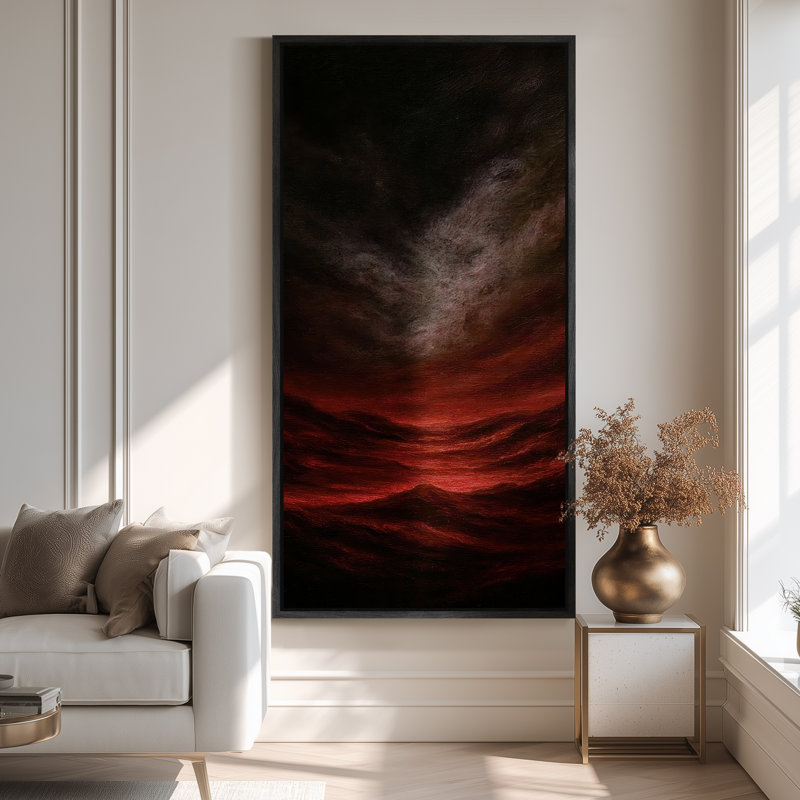Grande toile murale encadrée, impression de paysage de montagne abstrait cramoisi foncé - 60 po x 30 po, H 60 po x l 30 po