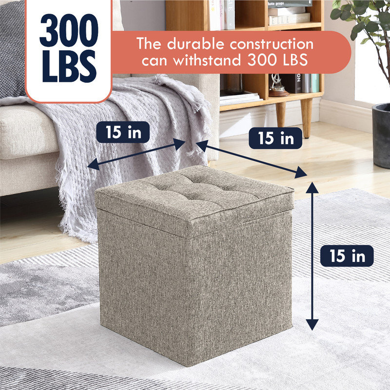Hilsa Upholstered Ottoman, Beige Linen Blend