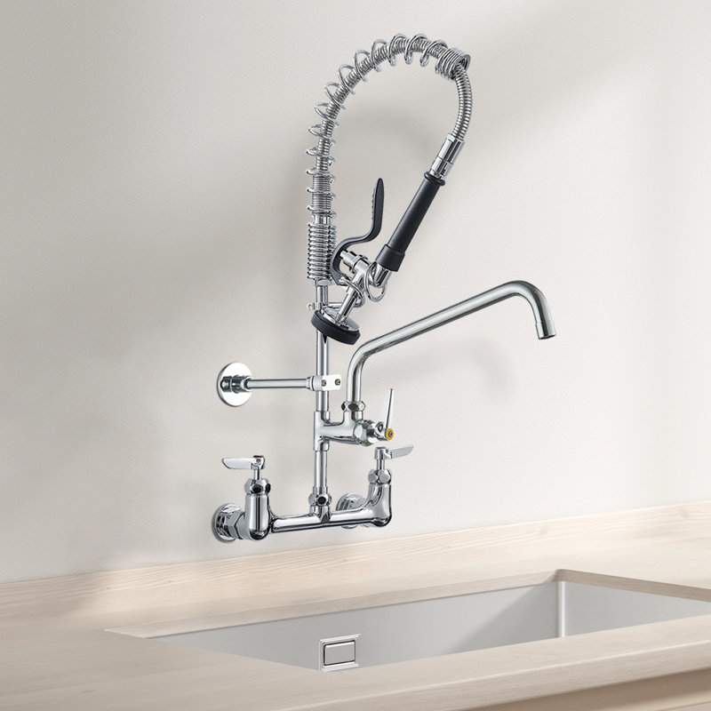 Commercial Triple Handles Wall Mount Stainless Steel  Brass Standard Kitchen Faucet In Chrome