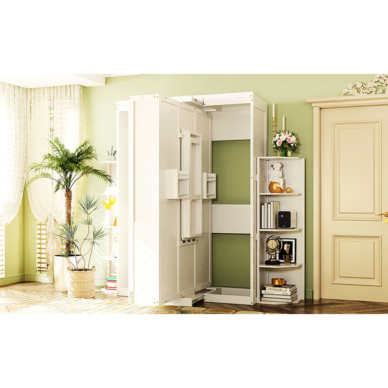 Lit pivotant Queen Size avec armoire murale dissimulée, deux étagères à 3 niveaux, espace de travail convertible, idéal pour les petits espaces, bureau d'appoint blanc, rangement supplémentaire, gain de place pour les espaces de vie et de bureau à domicile.