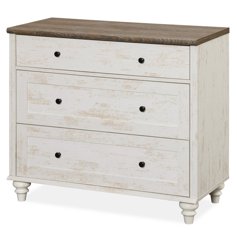 Commode 3 tiroirs Corretta, Blanc rustique / brun