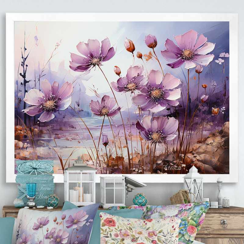 «Violets Flowers Country Charm» sur toile, Cadre simple blanc, H 30 po x l 40 po x P 1,5 po