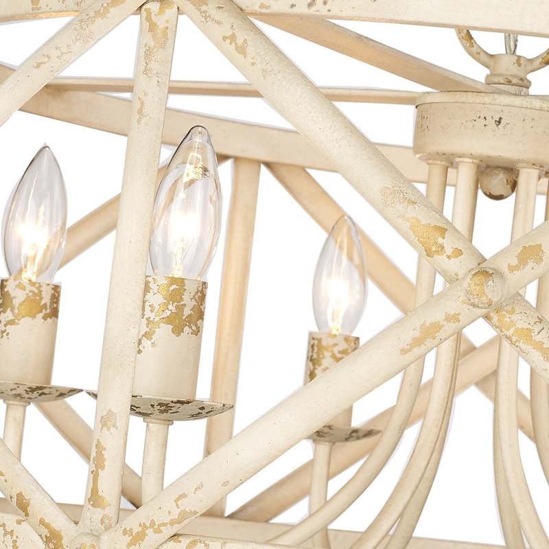 6 - Light Dimmable Lantern Drum Chandelier, Antique Ivory