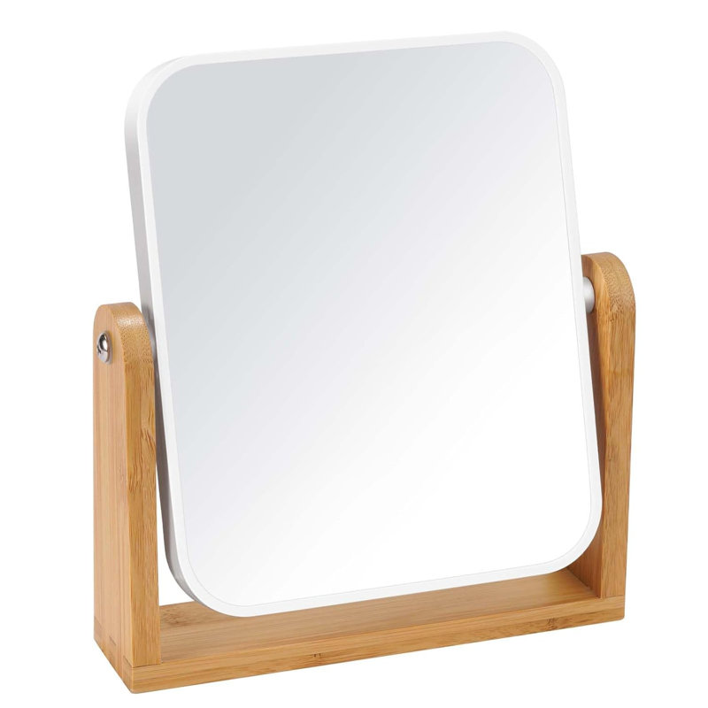 Miroir de maquillage pour coiffeuse avec support en bambou naturel, pivotant sur 360 degrés à double face