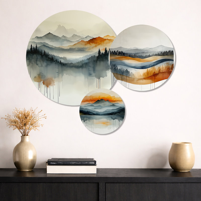 «Bold Mountain Landscape In Autumn I», ensemble d'art mural en métal sur 3 montagnes orange