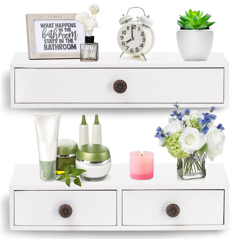 2 Packs Floating Nightstand With Drawer - Rustic Wood Floating Wall Mounted Drawers Floating Shelf With Drawer, White