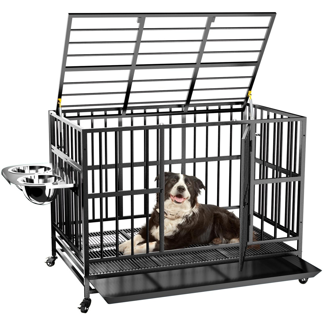Aobha Heavy Duty Dog Crate with Wheels/Unique Air Lift Rod / 360° & Adjustable 2 Bowls, Extra Large XL XXL Dog Crate Tucker Murphy Pet™ 