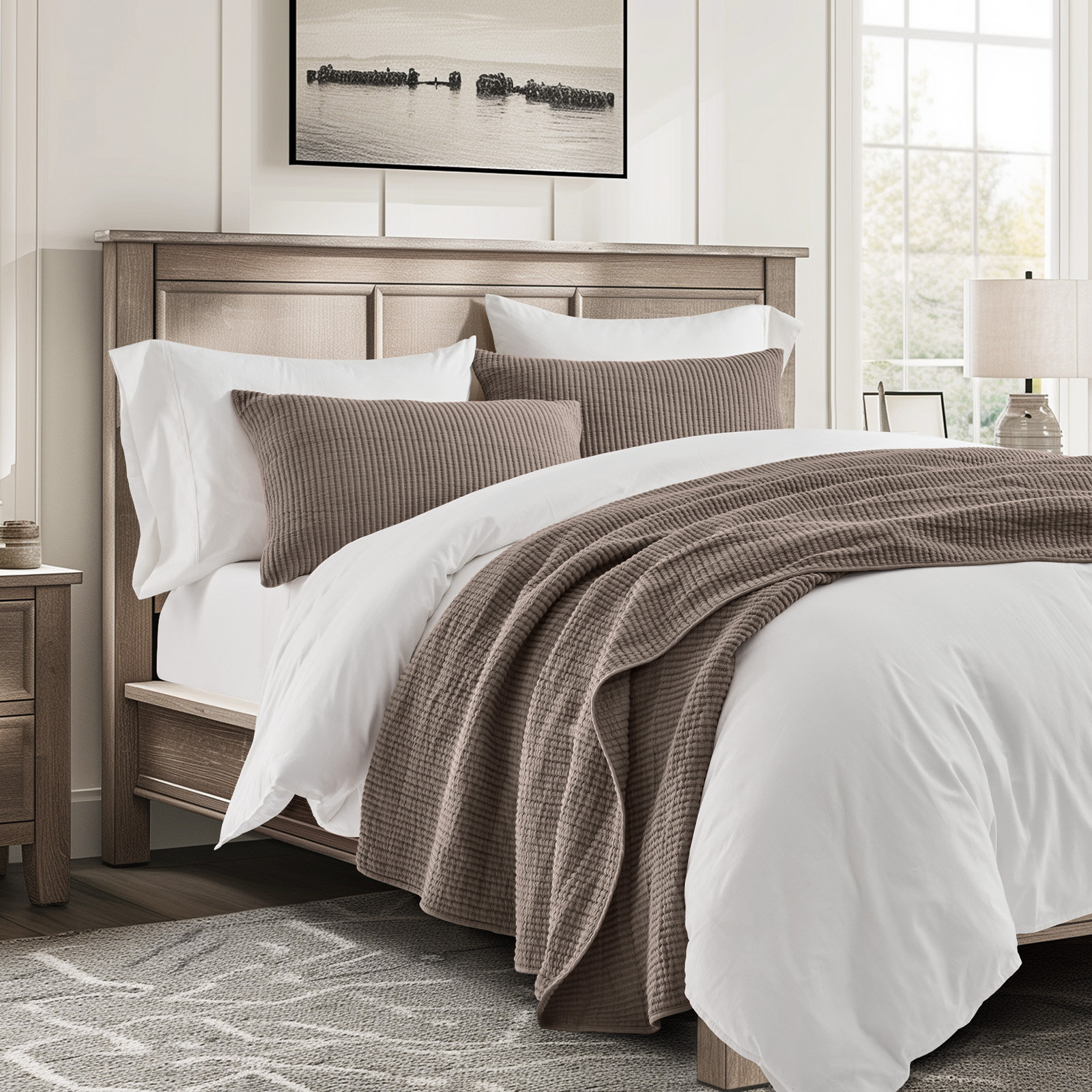 Ribbed Cotton Coverlet Set, Oversized King Quilt + 2 Shams, Mocha Brown