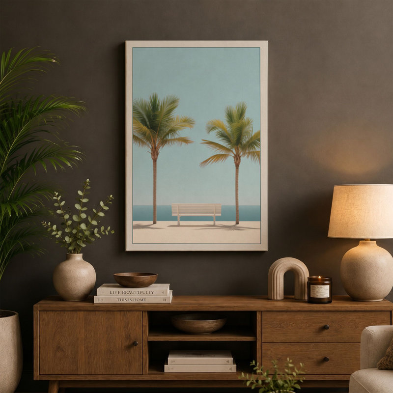 Palms and Bench Coastal - Wrapped Canvas, 30x20 - 76.2 x 50.8 cm, Cream Border