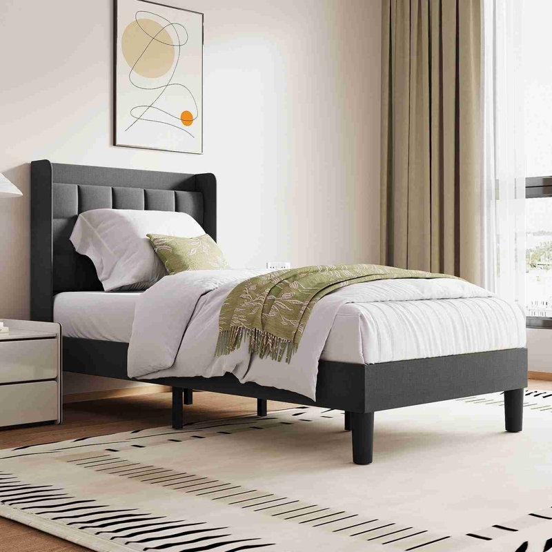 Modern Linen Upholstered Bed Frame with USB Charging Station, Single (3'), Grey