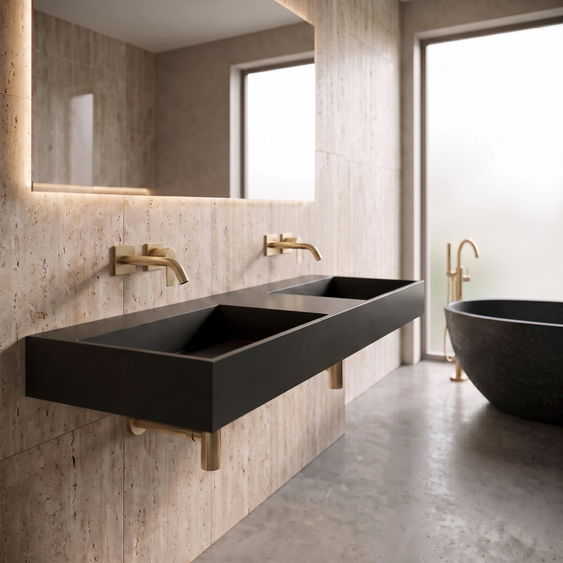 Lavabo de salle de bain mural moderne 60 "avec bonde dissimulée Juniper - noir, sans trou de robinet Juniper, Aucun trou