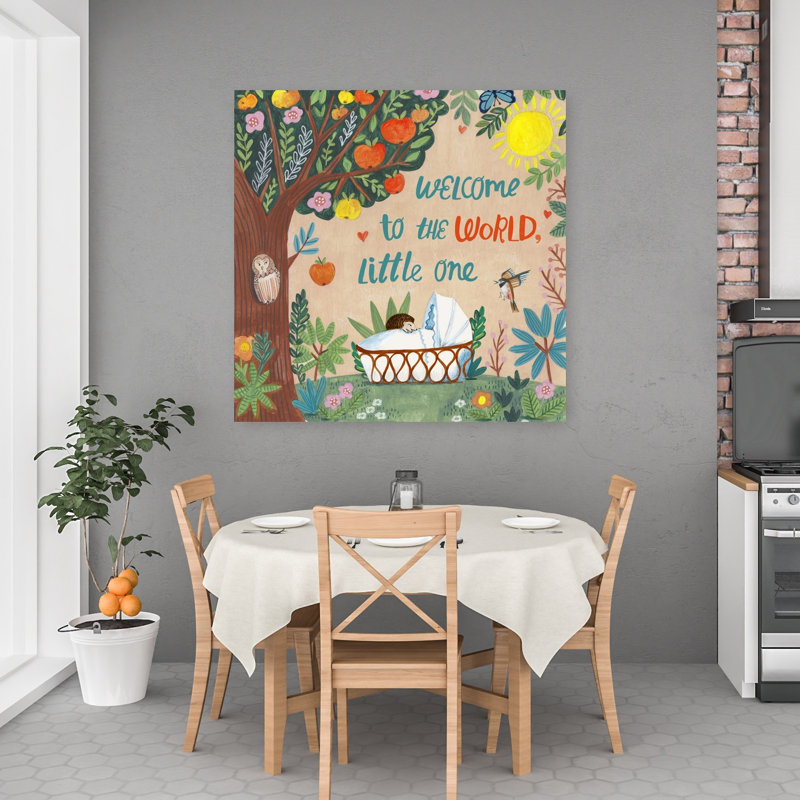 Welcome To The World Abstract Contemporary Apple Tree Butterfly Bird Forest Nature Wall Art Print by Caroline Bonne Muller - Wrapped Canvas Print
