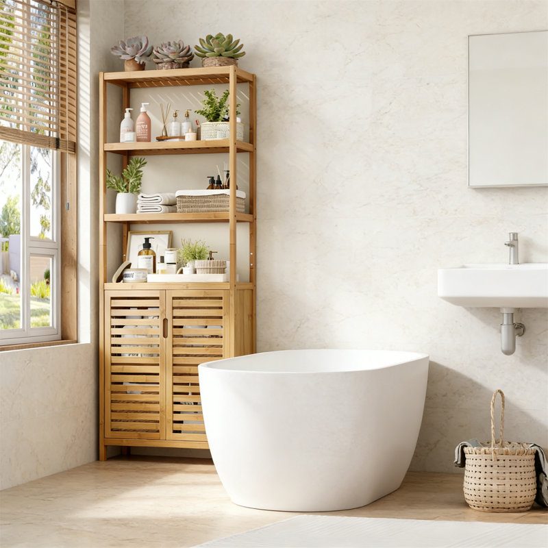 66" Tall Bamboo Narrow Bathroom Storage Cabinet With 2 Doors And 4 Open Shelves