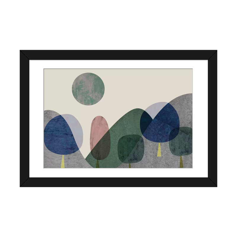 «Trees And Mountains» par Flatowl, impression sur toile, Papier d'art encadré noir, Blanc, H 24 po x l 32 po x P 1 po