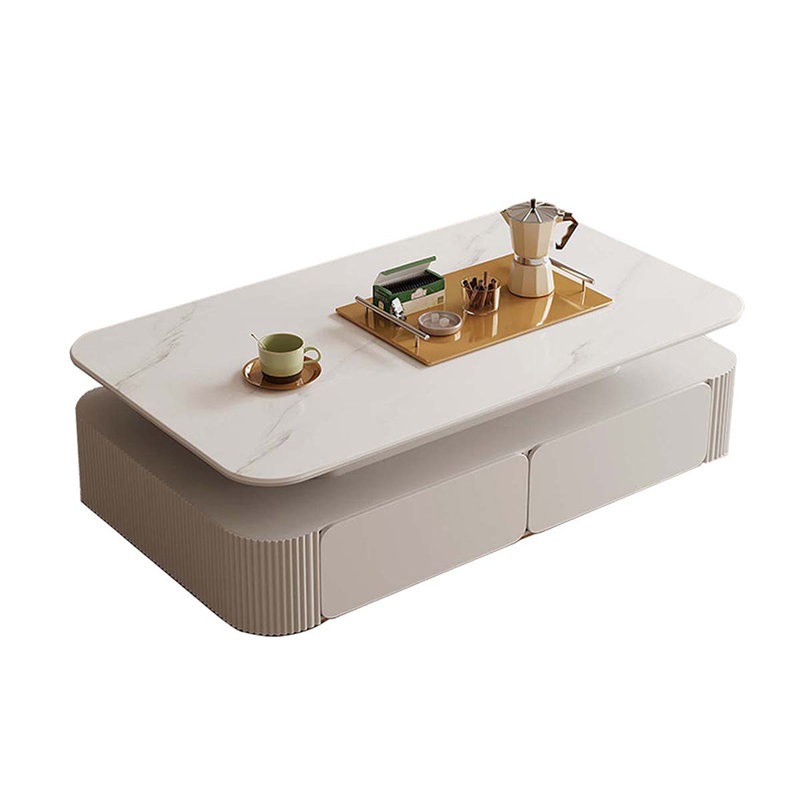 White Crystal-cream Sintered Stone Manufactured Wood Rectangular Coffee Table, 16.93" H x 47.24" L x 27.56" W