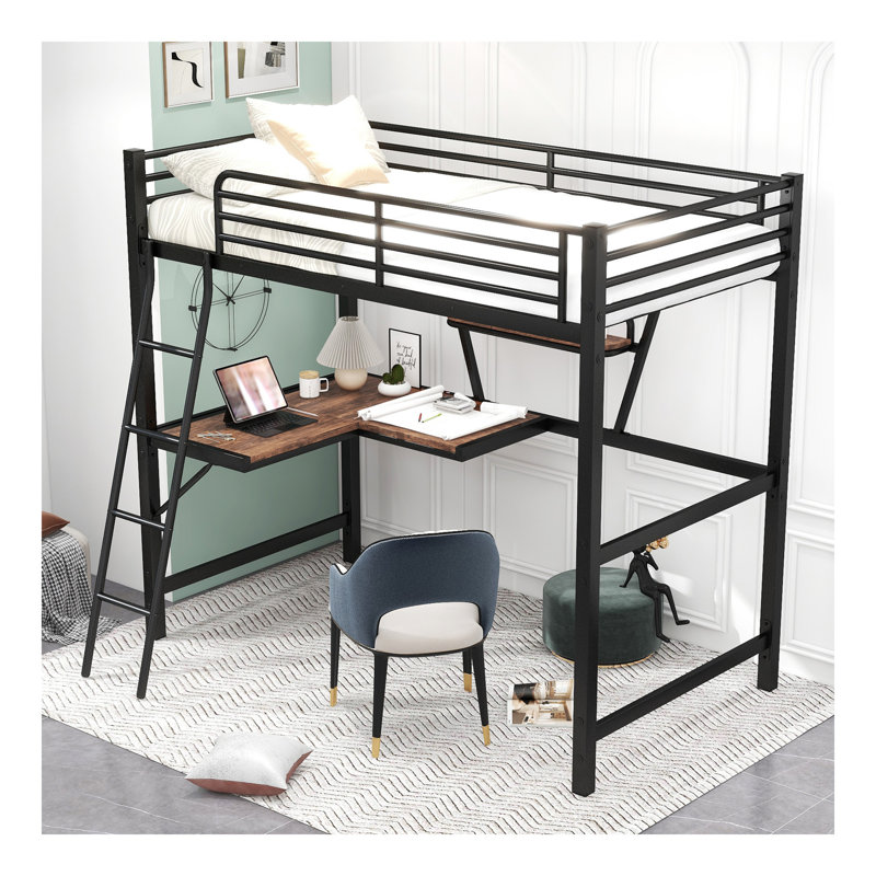Lit mezzanine simple en métal avec bureau et tablette, noir