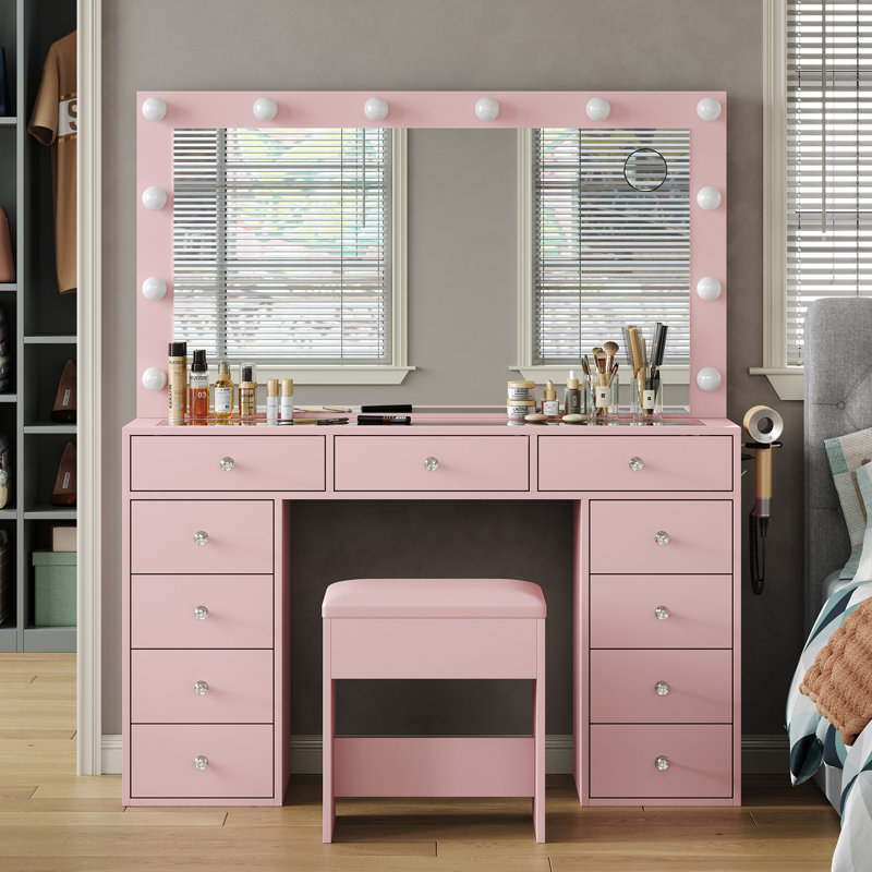 Ensemble de coiffeuse et de prise de courant Pisklo, coiffeuse de maquillage avec miroir et 12 lumières DEL, table de maquillage avec 11 tiroirs, coiffeuse avec fauteuil, ensemble de coiffeuse 3 modes d'éclairage avec luminosité réglable