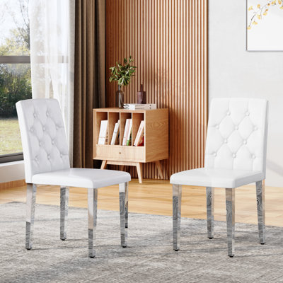 Set Of 2 White PU Leather Dining Chairs With Ergonomic Buckle Backrest And Silver Metal Legs