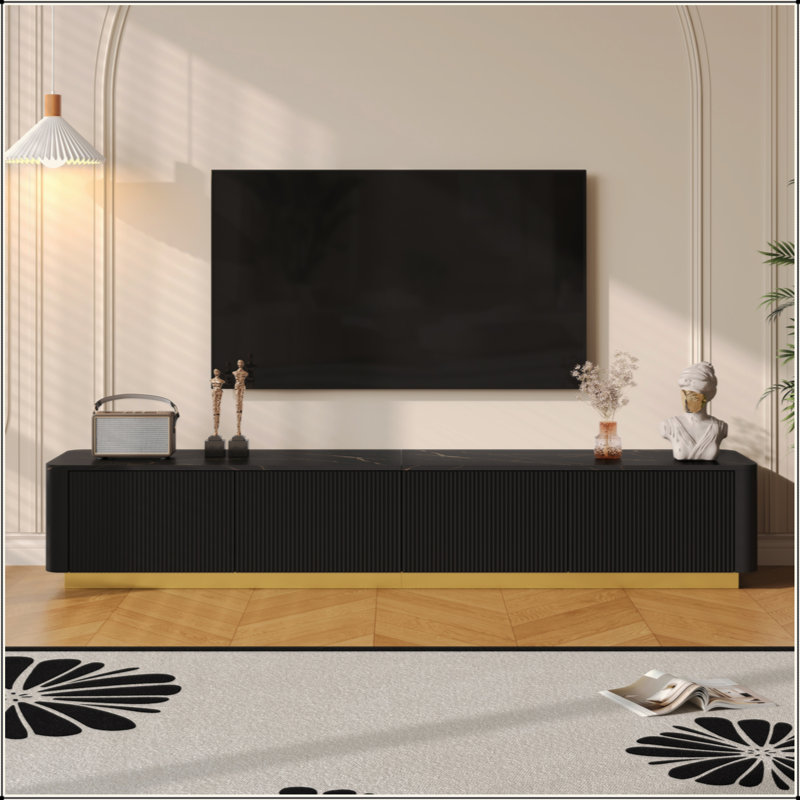 Modern Luxury Fluted TV Stand with Faux Marble Top & Gold Base, Curved Media Console with 4 Drawers for TVs Up to 85"