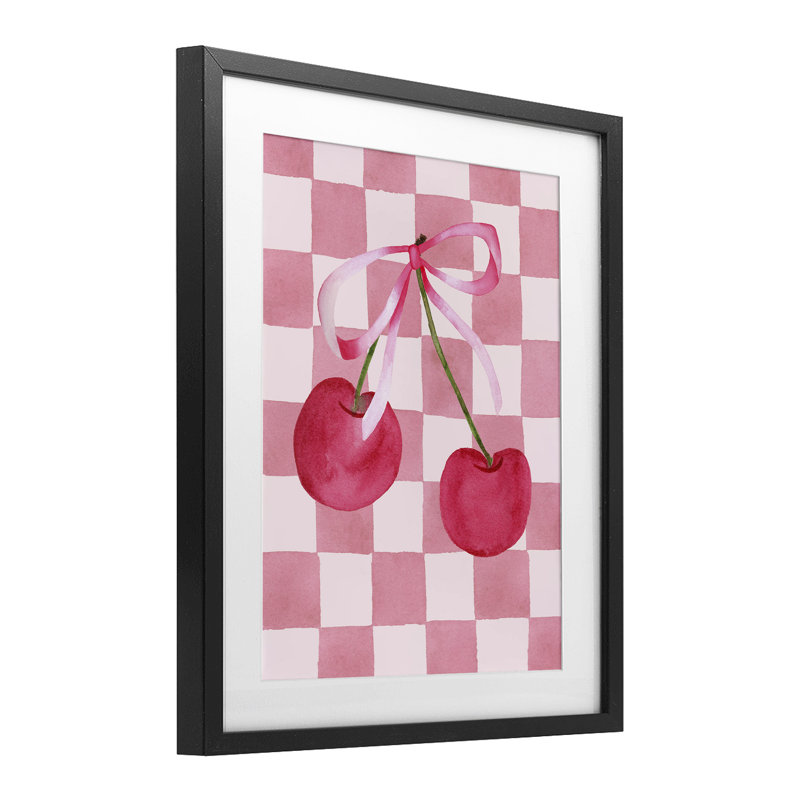 «Coquette Cherries over Chequers», impression sous verre encadrée, design par Nina Jacobs, Cadre noir minuit