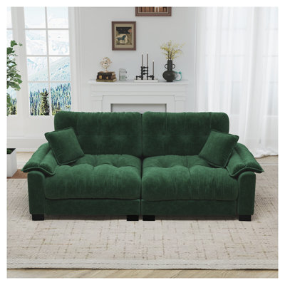 Modern 94" Chenille Pleated 3-Seater Sofa in Green with Durable Spring Support and Thick Foam Cushions