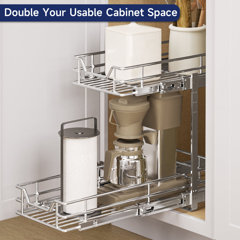 7.5" W x 21.5" D 2-Tier Pull Out Cabinet Organizer, Heavy-Duty Chrome Wire Sliding Drawer for Kitchen Base Cabinets, Pantry & Narrow Cabinet Storage