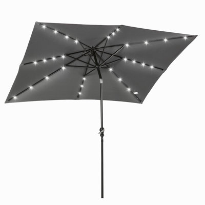 Parasol solaire de 9 pi x 7 pi, parasol de patio éclairé à DEL pour table ou base avec inclinaison et manivelle, parasol d'extérieur pour jardin, terrasse, cour, piscine, plage