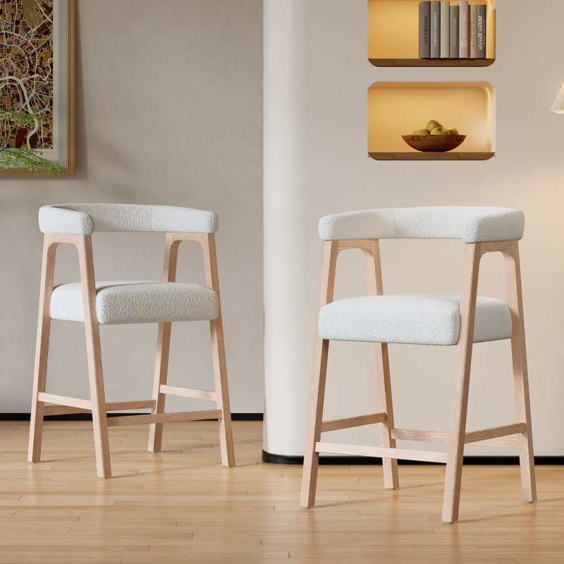Elmcrest 26'' Seat Height Modern Mid-Century Upholstered Counter Stool with Backrest, White Cushion/Natural Frame