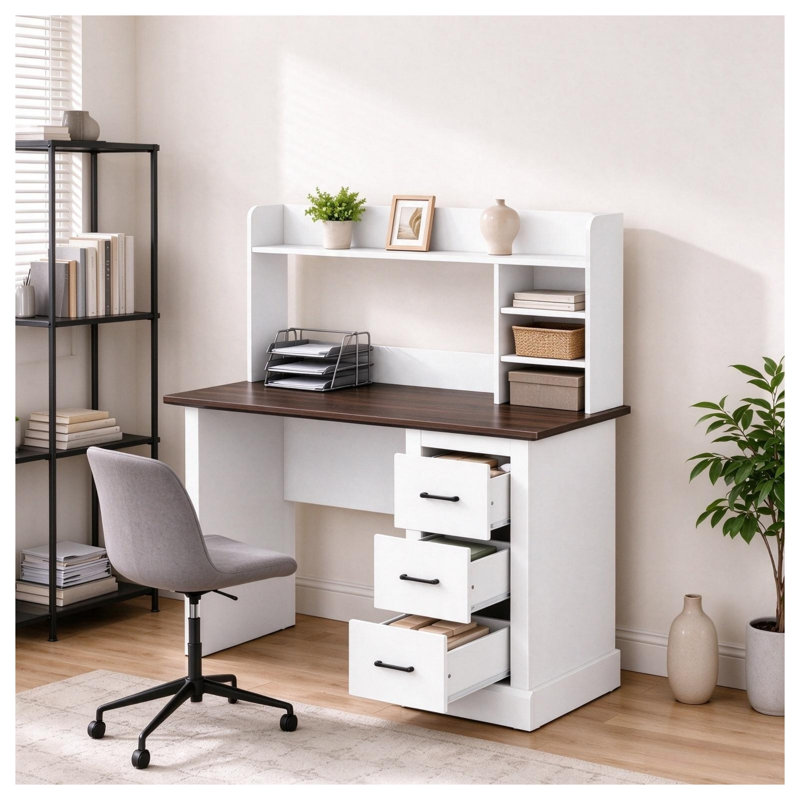 White and Oak Home Office Computer Desk with Hutch, 3 Drawers, and Storage Shelves