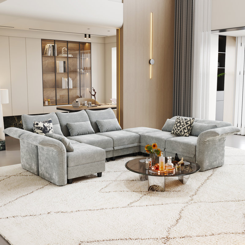 Caraline Upholstered Reclining Sectional Reversible, Light Gray Microfiber/Microsuede