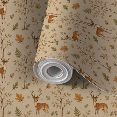 Papier peint adhésif amovible à motif de forêt d'automne et de cerfs, style rustique western, rouleau de papier peint décoratif imperméable pour chambre, salon et cuisine, 58 x 300 cm (22,8 x 118 pouces).