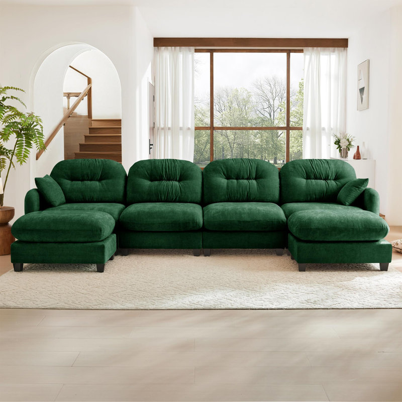 Canapé modulaire en U modulaire avec repose-pieds, Chenille verte