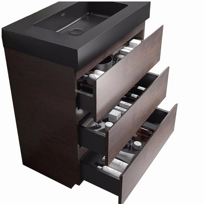Alice 30" Walnut Bathroom Vanity with Sink, Large Storage Freestanding Bathroom Vanity for Modern Bathroom, One-Piece Black Sink Basin without Drain and Faucet, Pre-assembled