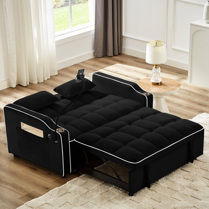 Polyvalent pliable en noir avec dossier réglable, cendrier, support de téléphone et portique de lit moderne à 2 coussins, support pivotant