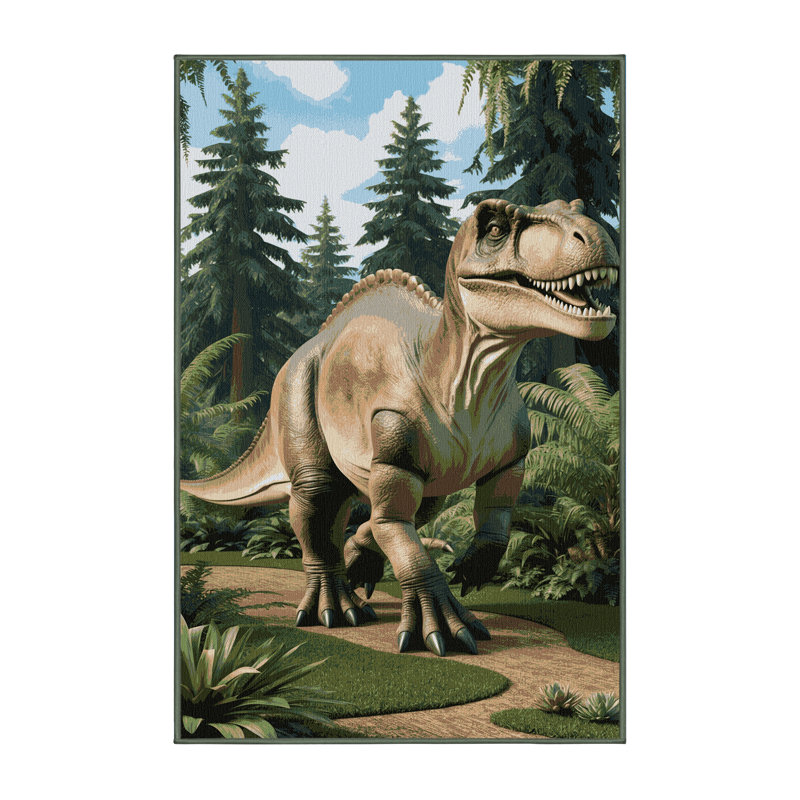 Tapis vert dinosaures lavable à la machine, Rectangle 7 pi x 9 pi