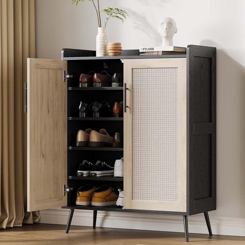 6-Tier Rattan Shoe Cabinet with Doors, Black/Natural Wood