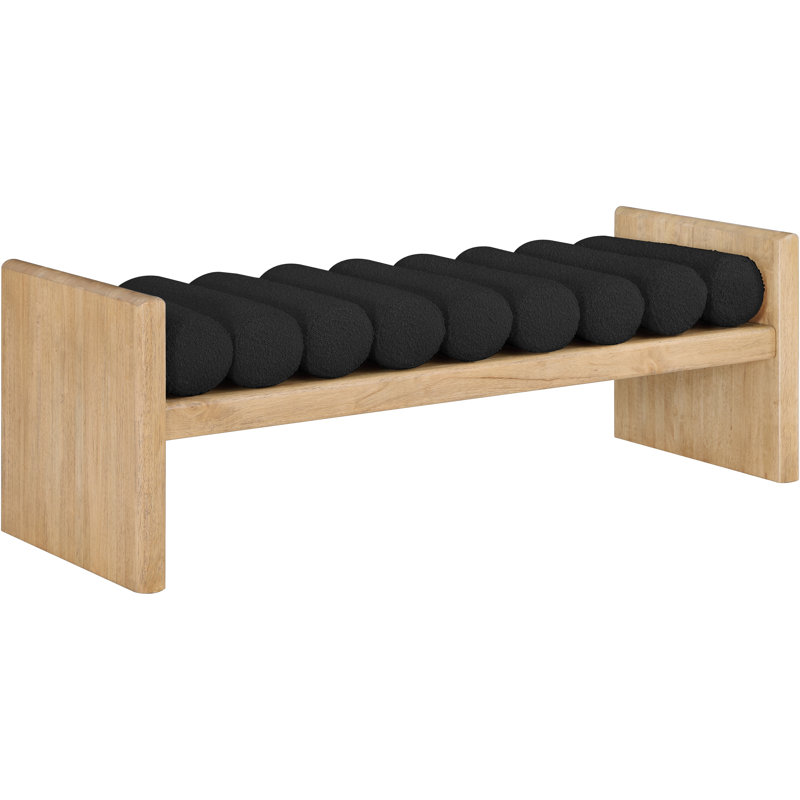Banc en bois Boucle, Tissu noir bouclé / finition naturelle, H 18 po x l 52 po x P 19 po