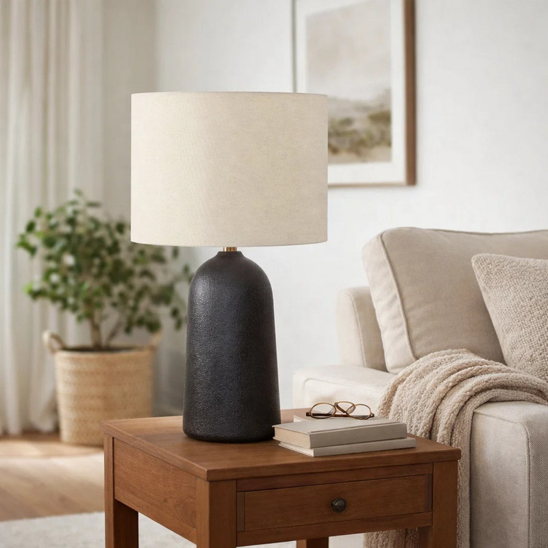 Dios Table Lamp, Textured Black Ceramic Body, Fabric Shade, 27 Inch, Black