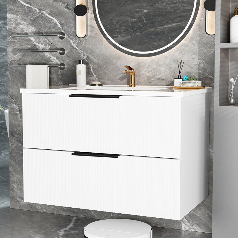 Meuble-lavabo mural moderne flottant de 36 pouces avec lavabo en céramique blanche et deux tiroirs, premier tiroir en U, rangement organisé, panneau multicouche pour une durabilité à long terme, assemblage simple