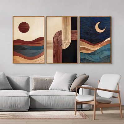 3 pièces, art mural encadré Boho Sun Moon, impressions sur toile géométriques abstraites de style Mid-Century prêt à accrocher