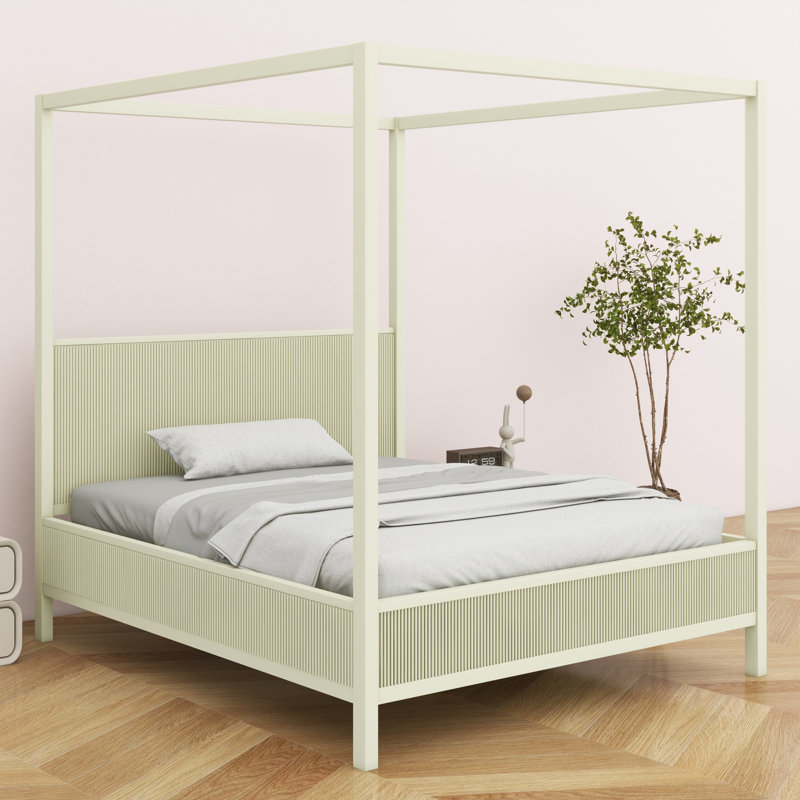 Lit plateforme à baldaquin en bois traditionnel avec lattes de soutien, King, Beige
